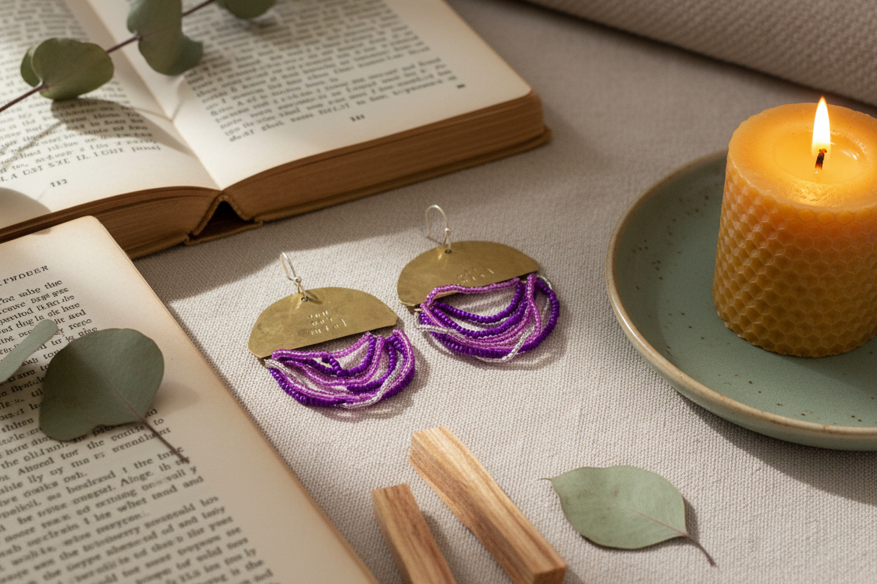 Half Moon Wordkeeper Earrings Got This styled with ritual props, featuring brass, purple and silver bead fringe, and sterling silver, Jewellery by JN.